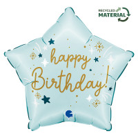 Happy Birthday lyseblå stjerne fødselsdags folie ballon 18" / 40 cm (uden helium)