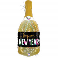Happy New Year Champagne Flaske Guld/Sort 32" / 80 cm folie ballon (uden helium)